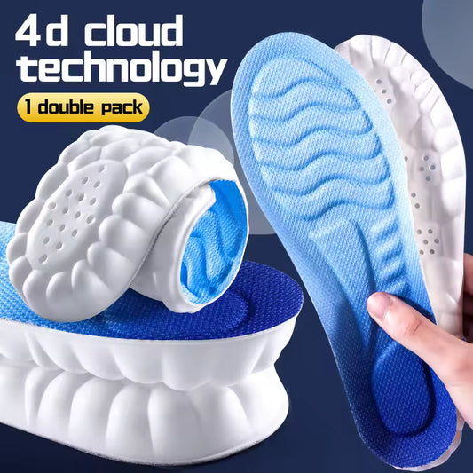 Blue and white shoe inserts with '4d cloud technology' packaging on a dark background